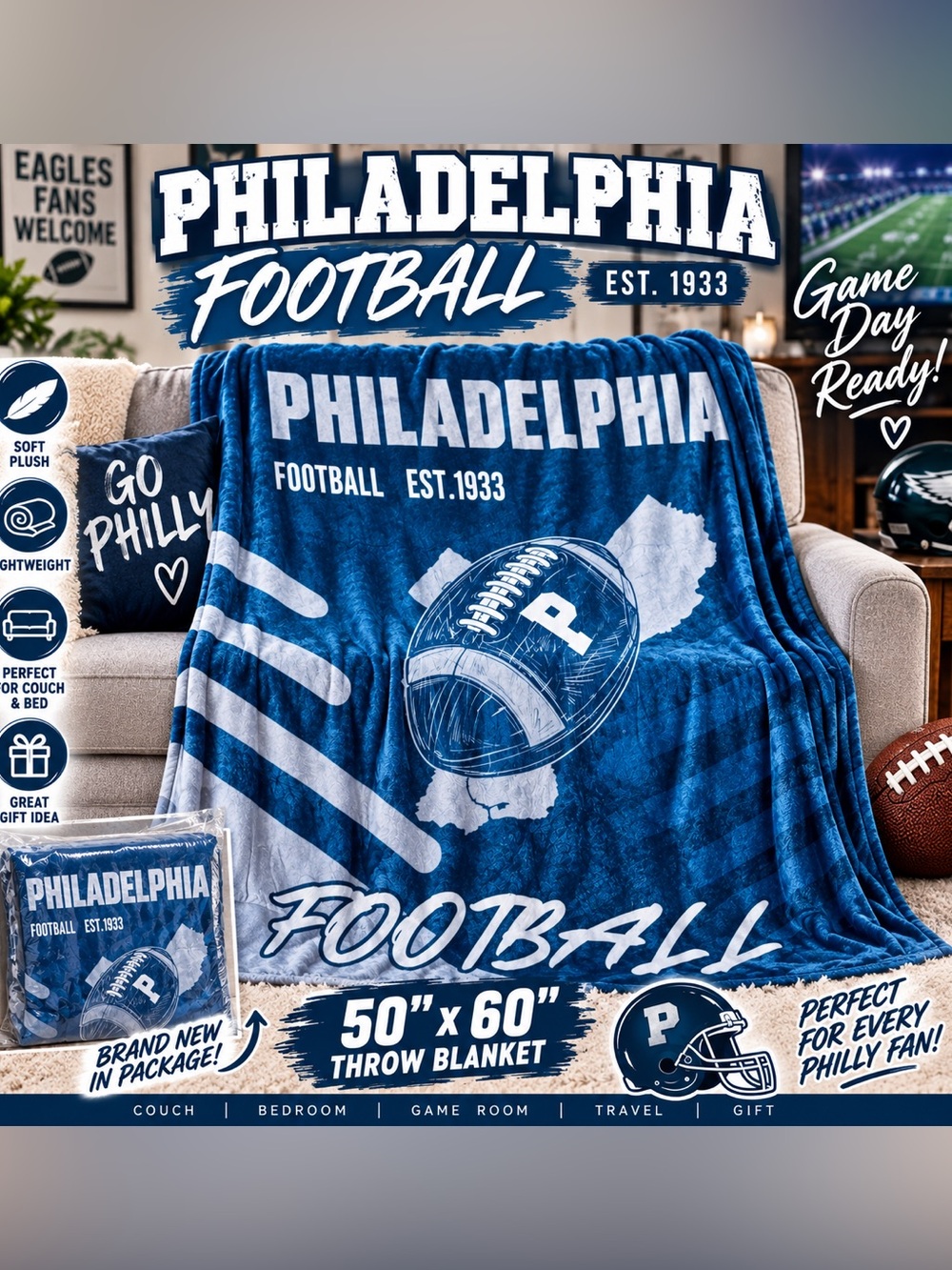 Philadelphia Football Throw Blanket 50x60 Blue Philly Fan Soft Plush New